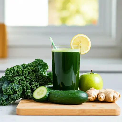 Cleansing Green Elixir A vibrant green juice in a glass garnished with a sprig of parsley and a cucumber slice radiating freshness and detoxifying energy