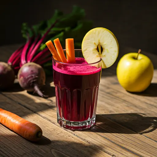 A vibrant glass of Crimson Detox Bliss, with a deep ruby-red hue, garnished with a slice of beet and a sprig of parsley.