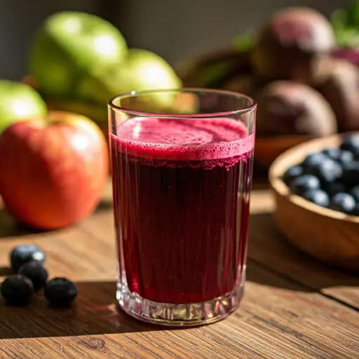 A stunning glass of Crimson Vitality Elixir with a rich crimson hue garnished with a sprig of rosemary and scattered pomegranate seeds