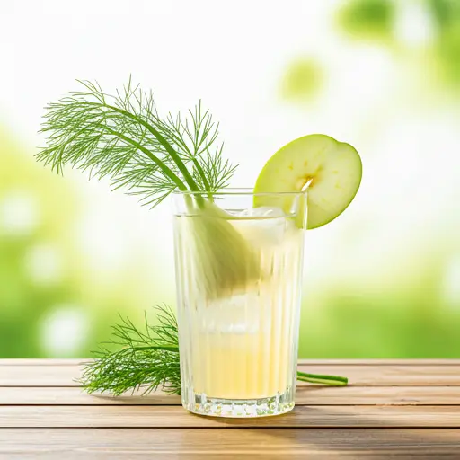 Crisp Fennel & Apple Elixir : A light green fennel and apple juice in a glass, garnished with a fennel frond and a thin apple slice, showcasing its refreshing and herbal essence.