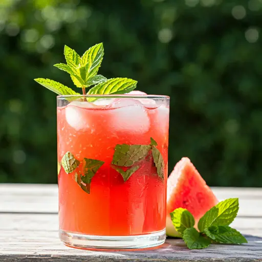 Crisp Melon Mint Elixir : A refreshing green melon and mint drink in a glass, garnished with melon cubes and a sprig of mint, exuding a cooling and revitalizing vibe.