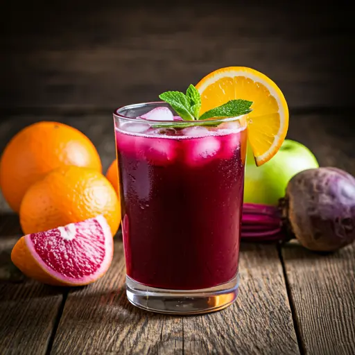 Earthy Beet Bliss : A rich red-purple juice in a glass, garnished with a beet slice and a sprig of parsley, exuding an earthy and vibrant appeal.