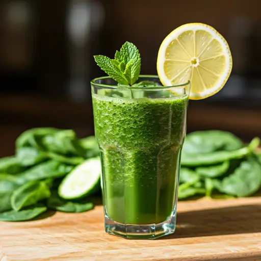 Emerald Essence Elixir A vibrant green juice in a glass garnished with a slice of lime and a sprig of mint exuding freshness and vitality