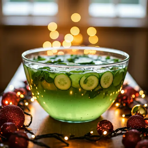 Enchanting Green Holiday Fizz : A sparkling green drink in a glass, garnished with a sprig of rosemary and cranberries, exuding festive charm and freshness.