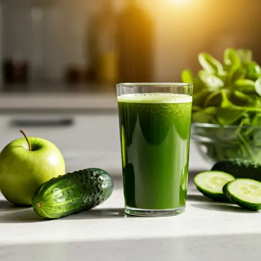 Energizing Green Elixir : A refreshing green juice in a glass, garnished with a cucumber slice and a sprig of mint, exuding vitality and freshness.