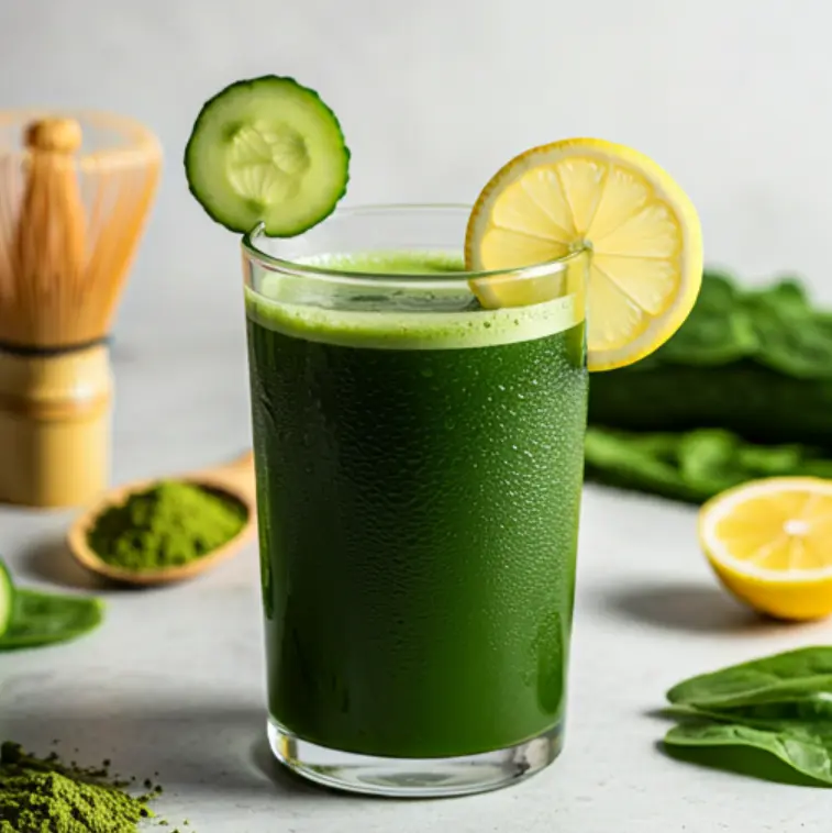 A vibrant green matcha juice in a glass, garnished with a lime slice and a sprinkle of matcha powder, radiating freshness and vitality. Energizing Matcha Green Juice .