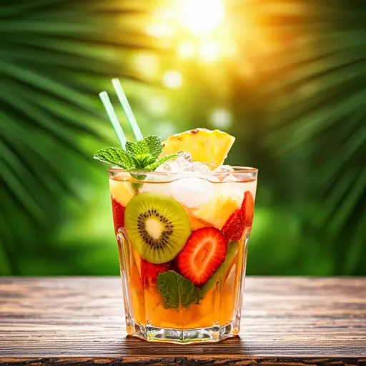 Exotic Bliss Punch : A tropical punch in a glass, featuring vibrant fruit slices and a colorful mix of tropical juices, exuding an exotic and refreshing vibe.