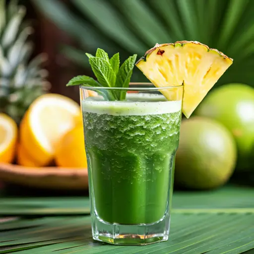 A bright green tropical juice in a glass, garnished with a pineapple slice and a sprig of fresh mint, exuding a vibrant and exotic appeal. Exotic Green Paradise Juice .