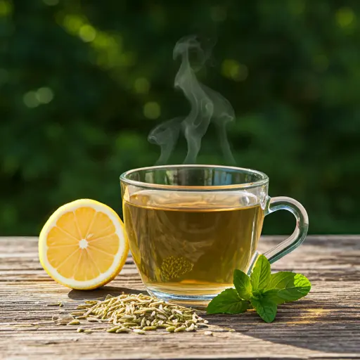 A refreshing glass of Fennel Infusion for Spring Wellness, featuring a pale green hue, garnished with a fennel frond and a slice of lemon.