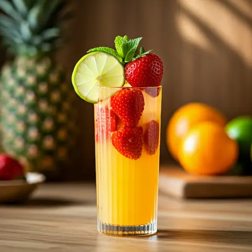 Fiesta in a Glass Mexican-Style Citrus Jugo : A vibrant citrus juice in a glass, garnished with an orange slice and a chili rim, exuding a zesty and festive Mexican flair.