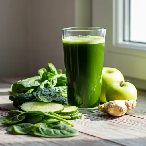 Fresh Start Green Elixir : A bright green juice in a glass, garnished with a slice of lime and fresh spinach leaves, radiating health and vitality.