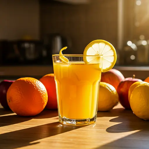 Golden Citrus Delight : A golden-yellow juice in a glass, garnished with an orange slice and a sprig of rosemary, radiating a warm and citrusy glow.