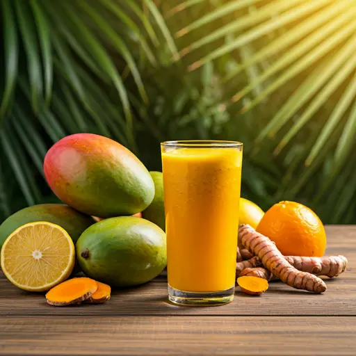 Golden Mango Elixir A radiant golden yellow juice in a glass garnished with a mango slice and a sprig of mint exuding tropical richness and vitality