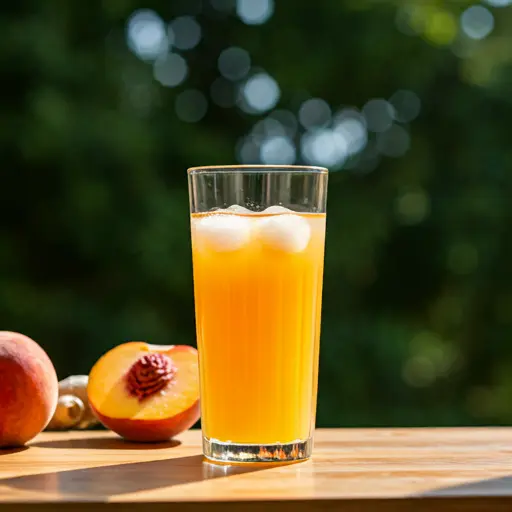 A luminous glass of Golden Peach Sunrise Juice, featuring a warm peach-orange gradient, garnished with a fresh peach slice and a mint sprig.