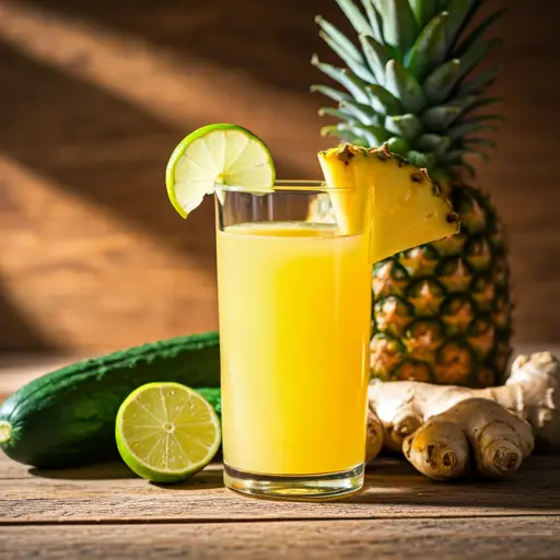 A tropical glass of Golden Pineapple Dream, radiating a bright golden hue, garnished with a pineapple wedge and a sprinkle of shredded coconut.