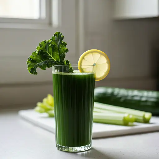 Green Glow Elixir A vibrant green juice in a glass garnished with a slice of kiwi and a sprig of mint radiating freshness and vitality