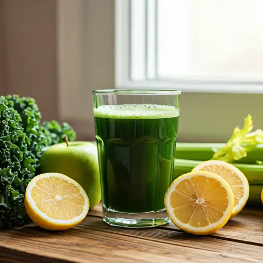 Green Immunity Shield : A vibrant green juice in a glass, garnished with a slice of kiwi and a mint leaf, showcasing a refreshing and health-boosting drink.