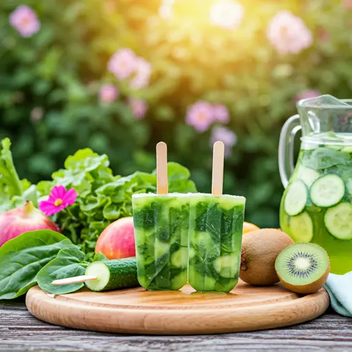 Green Juice Popsicles Bright green popsicles on a wooden stick served on a tray with fresh spinach and lime slices radiating a refreshing and healthy vibe