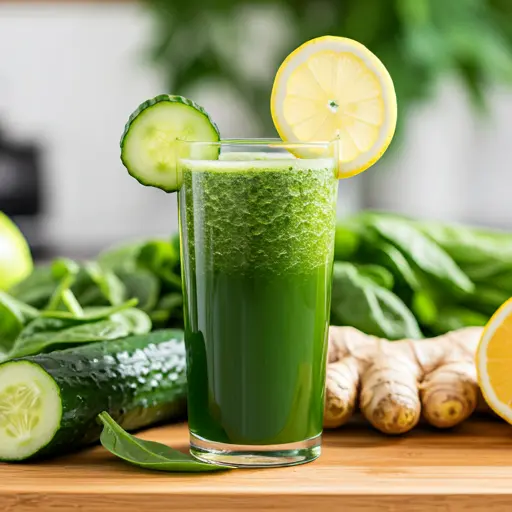 Green Power Punch A bold green juice in a glass garnished with a celery stick and a slice of lime exuding strength and vitality