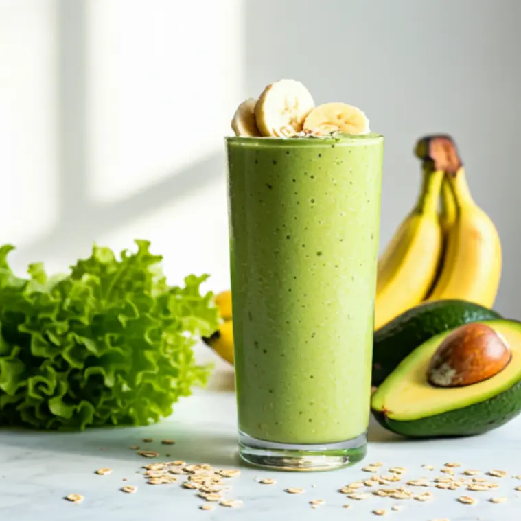 A creamy green smoothie in a glass, garnished with a lettuce leaf, avocado slice, and a sprinkle of oats, exuding freshness and vitality. Lettuce Avocado Banana & Oats