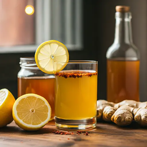 A warm glass of Immune-Boosting Winter Tonic, glowing with a golden amber hue, garnished with a cinnamon stick and a slice of orange.