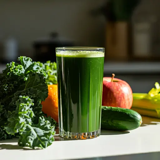 A glass of Kale-Cium Power Juice, with a rich green hue, garnished with a kale leaf and a slice of lime.