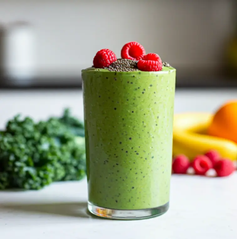 A vibrant green smoothie in a glass, garnished with fresh kale leaves and a mix of colorful berries, radiating health and energy. Kale Superfruit Power Smoothie .