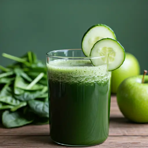 Mean Green Juice : A vibrant green juice in a glass, garnished with a celery stick and a slice of cucumber, showcasing freshness and vitality.