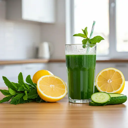 Minty Fresh Vitality : A refreshing green juice in a glass, garnished with fresh mint leaves and a slice of lime, exuding coolness and vitality.