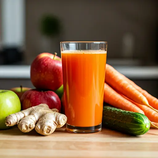 A golden-orange smoothie in a glass, topped with chia seeds and a slice of banana, exuding a vibrant and energizing morning vibe.