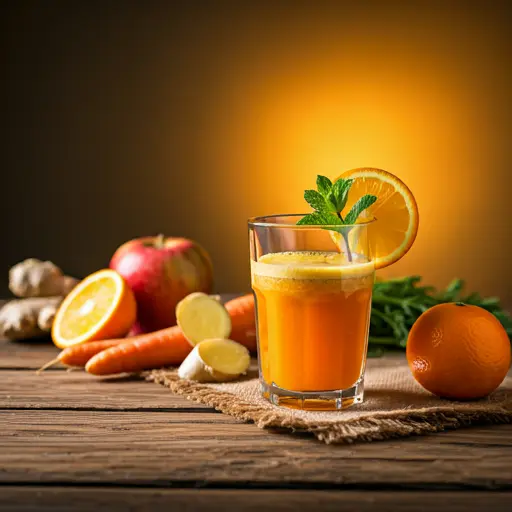 Morning Glory Juice a bright orange juice in a glass, garnished with a slice of orange and a sprig of mint, radiating fresh and vibrant morning energy.