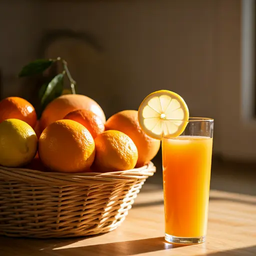 A bright glass of Morning Zest Refresher, featuring a golden-orange glow, garnished with a slice of lemon and a sprig of fresh mint.