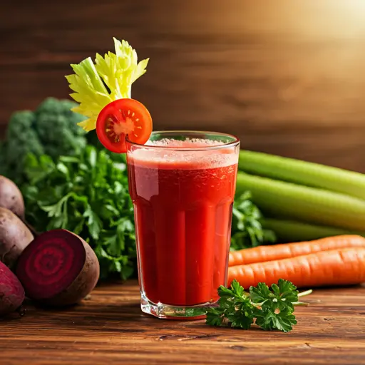 Original V-8 Delight The Garden in a Glass A rich red vegetable juice in a glass, garnished with a celery stick and a sprig of parsley, embodying garden-fresh flavors.