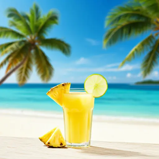 Pineapple Paradise Elixir : A bright yellow juice in a glass, garnished with a pineapple wedge and a sprig of mint, radiating tropical freshness and allure.