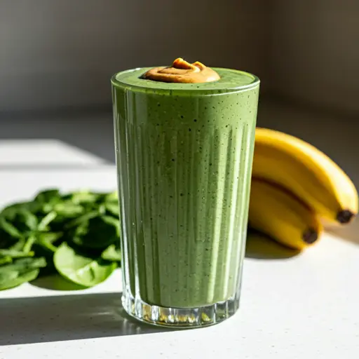 Popeyes Ultimate Power Blend : A rich green smoothie in a glass, garnished with a spinach leaf and chia seeds, exuding strength and vitality.