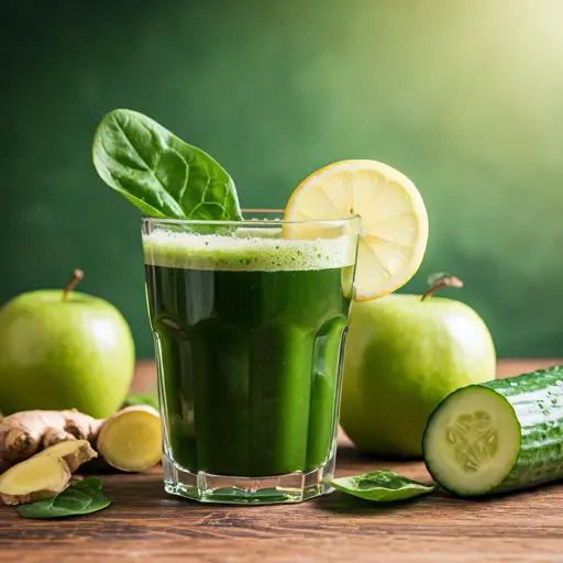 Radiant Green Vitality Juice : A vibrant green juice in a glass, garnished with a celery stick and a sprig of parsley, glowing with freshness and vitality.