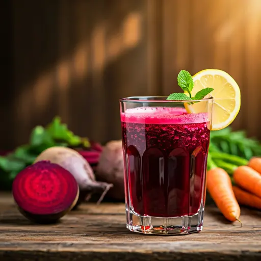 Radiant Red Rejuvenation A vibrant red juice in a glass, garnished with a sprig of mint and pomegranate seeds, radiating energy and freshness.