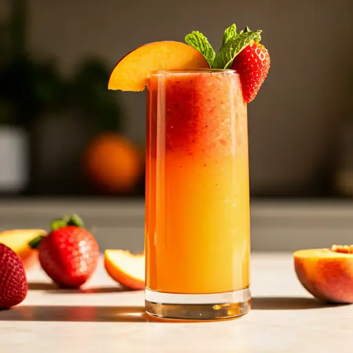 Radiant Sunset Elixir : A stunning orange and pink gradient juice in a glass, garnished with an orange slice and a sprig of mint, capturing the essence of a vibrant sunset.