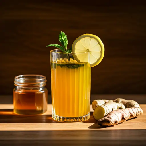 Radiant Turmeric Tonic : A glowing golden turmeric tonic in a glass, garnished with a slice of lemon and a sprinkle of turmeric powder, exuding warmth and vitality.