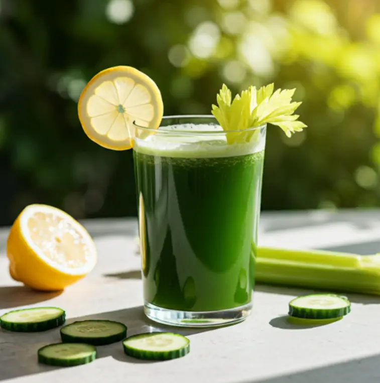 Refreshing celery detox juice is a fresh, green celery detox juice in a glass, garnished with a celery stalk and a slice of cucumber, radiating health and freshness, and Discover The Secrets Of The Refreshing Celery Detox Juice .