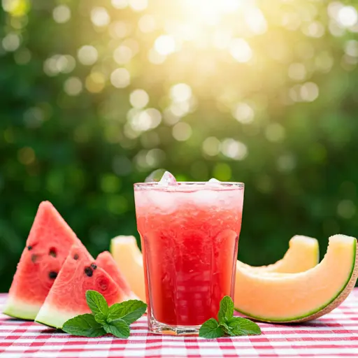 Refreshing Melon Bliss: a chilled pale green melon juice in a glass, garnished with a slice of honeydew and fresh mint, radiating cooling summer vibes.