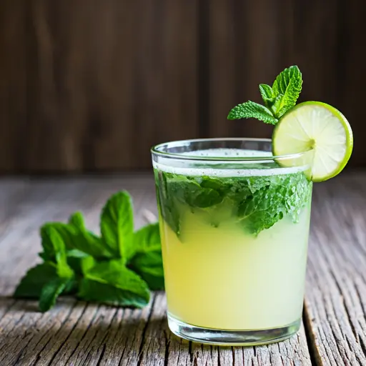 A chilled glass of Refreshing Minty Elixir for Mood Enhancement, featuring a pale green hue, garnished with fresh mint leaves and a lime wedge.