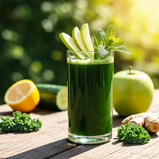 A rejuvenating glass of Revitalizing Green Elixir, featuring a bright green hue, garnished with a slice of cucumber and a sprig of fresh mint.