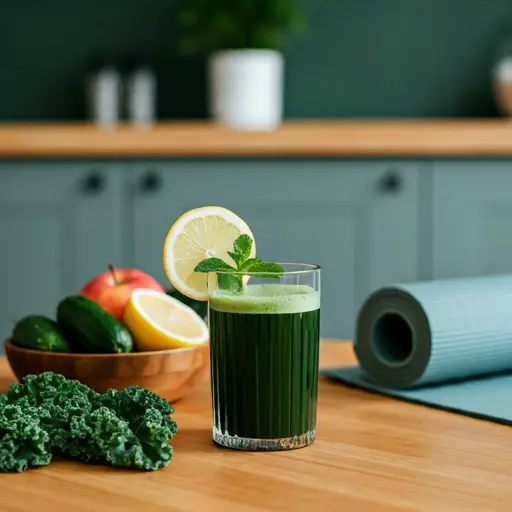 Revitalizing Green Workout Elixir A refreshing green juice in a glass garnished with a cucumber slice and a sprinkle of chia seeds radiating energy and vitality