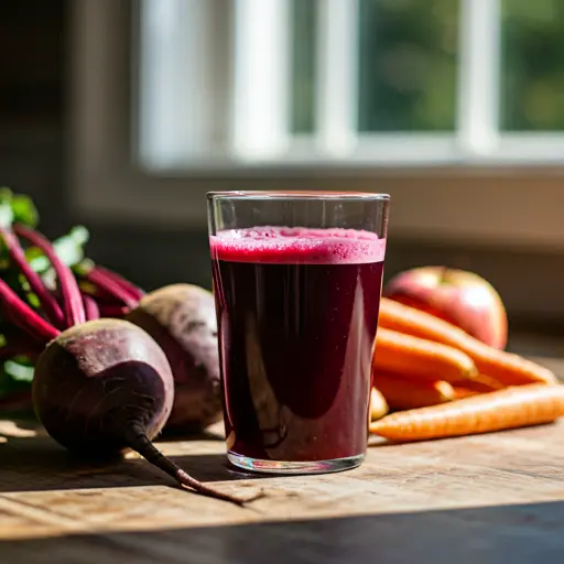 Rooted Bliss Elixir : A vibrant orange-red root juice in a glass, garnished with a carrot stick and a sprig of parsley, radiating natural warmth and vitality.