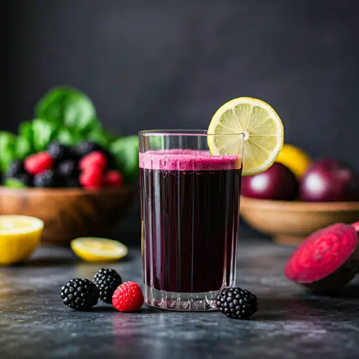 Royal Berry Revitalizer : A deep purple berry juice in a glass, garnished with a mix of fresh berries and a mint sprig, exuding richness and vitality.