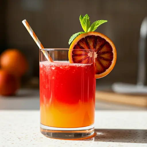 Sanguine Sunrise Elixir : A deep red-orange juice in a glass, garnished with a slice of blood orange and a mint sprig, reflecting the warm hues of a sunrise.