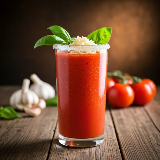 Savory Tomato Basil Elixir A rich red tomato based drink in a glass garnished with a fresh basil leaf and a sprinkle of black pepper exuding savory and aromatic flavors