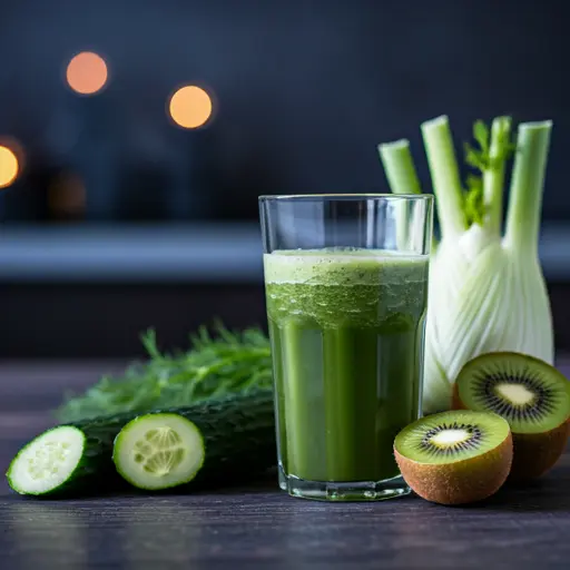 A soothing glass of the Serene Night's Sleep Juice, with a calming lavender-purple hue, garnished with a sprig of lavender and a slice of pear.