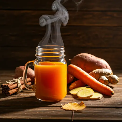 Southern Sweet Spice Elixir : A golden-orange juice in a glass, garnished with a cinnamon stick and a slice of peach, exuding warmth and a touch of Southern charm.